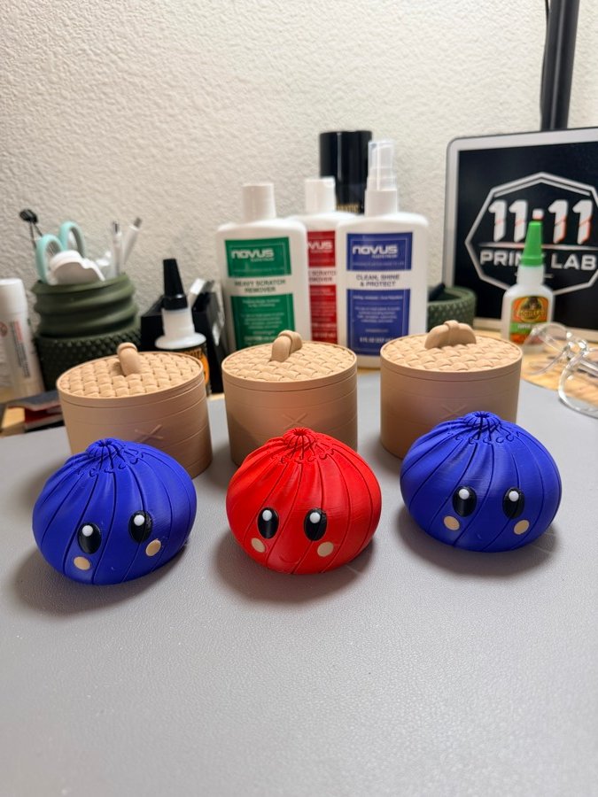 Colorful blob characters with faces next to lidded jars