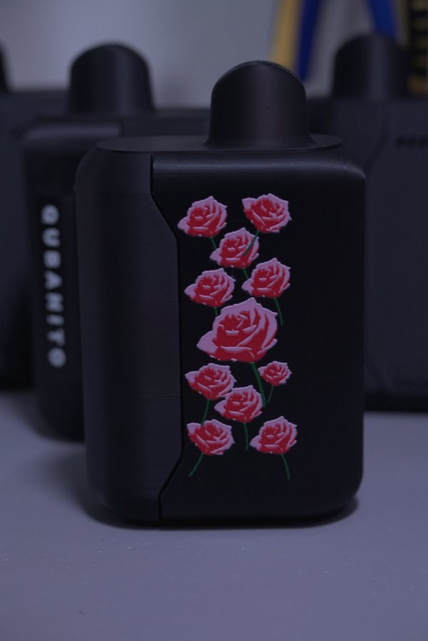 Custom rose design printed on a black panel