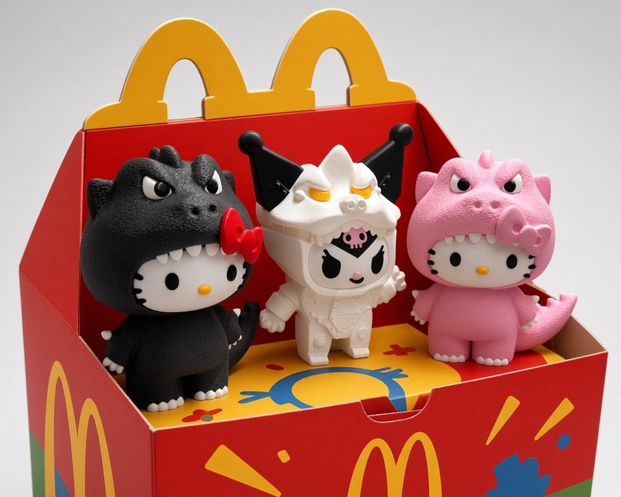 Dino Kitty Collectibles: three 3D printed kitties in black dinosaur, white robot dragon and pink dinosaur costumes, standing in a red toy box