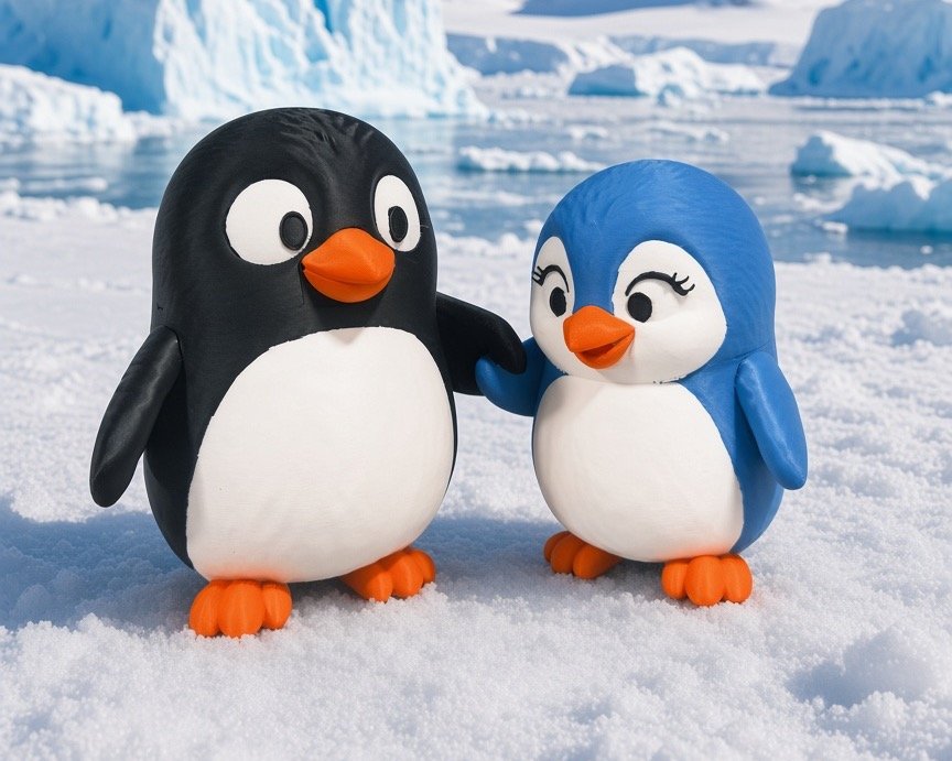 Forever Penguins: a black penguin and a smaller blue penguin with long lashes, 3D printed, standing together on snow in front of icebergs