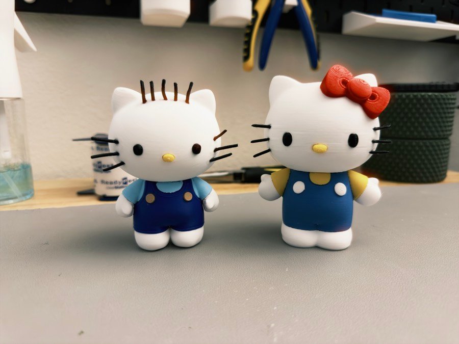 Two kitty figures in blue overalls on the workshop bench