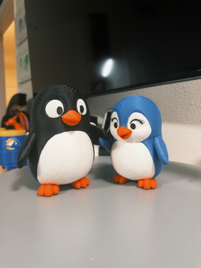 Black and blue penguin figures side by side