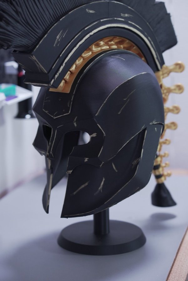 Close-up of the gold detailing on the Spartan helmet