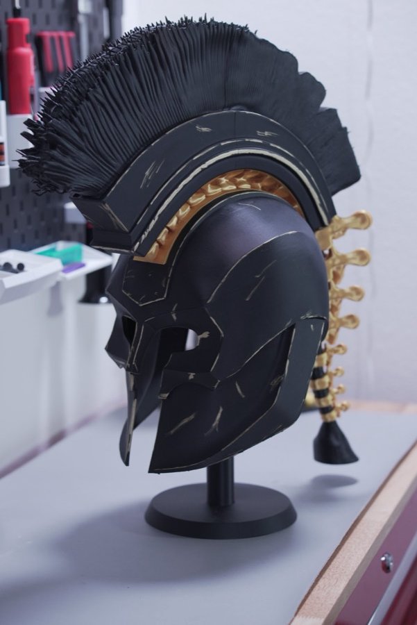 Profile view of the printed Spartan helmet