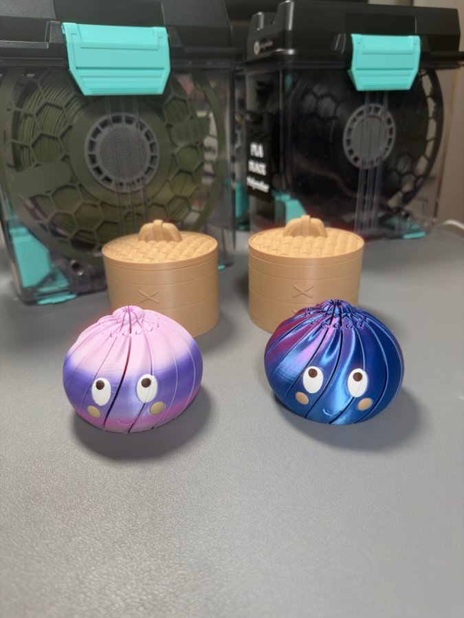 Twisty blob characters beside tan lidded jars