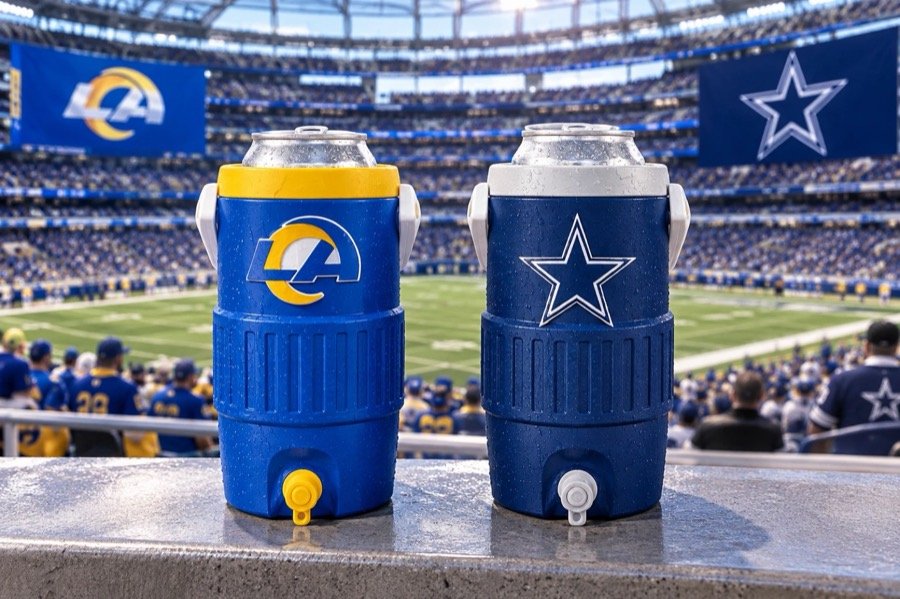 Two mini water-cooler can koozies in team colors, each holding a can, at a football stadium